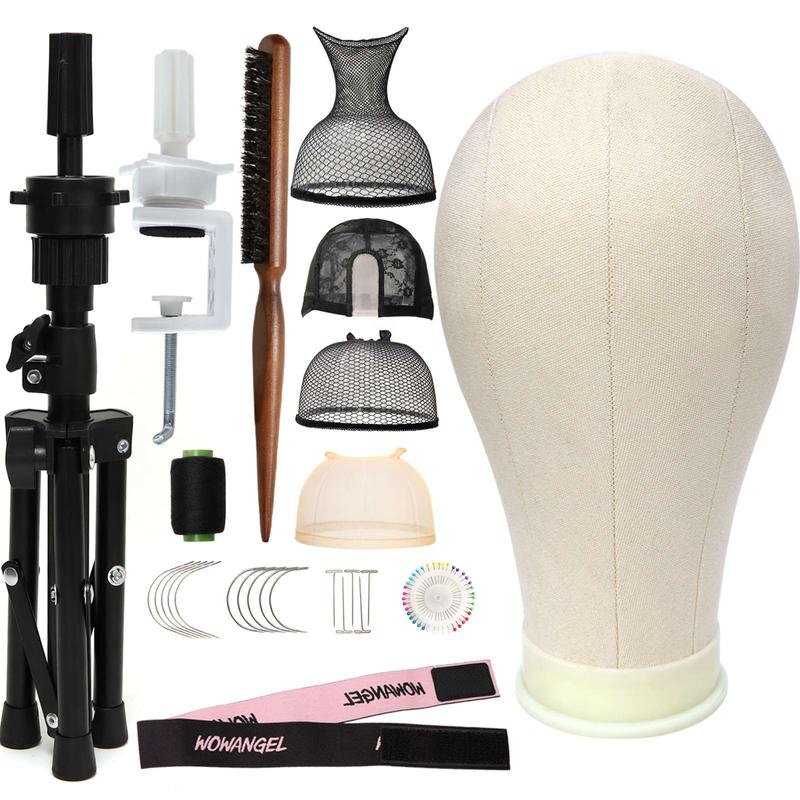 WOWANGEL 23 Inch Wig Head,Wig Stand Tripod with stand,Canvas head,Manikin Head Block Set for Wigs Making Display ，T Pins Set,Bristle Brush Haircare Heatless