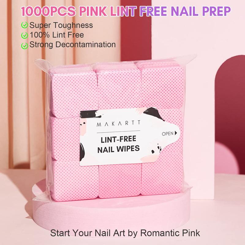 Makartt Pink Lint Free Nail Wipes for Gel Nail Polish Remover, 1000pcs Super Absorbent Soft Nail Wipes Gel Pads for Eyelash Extensions Remover, Nail Prep, Cleaning Glue, Lint Free Cotton Pads Cleanser Nail Care Manicure Cleansing