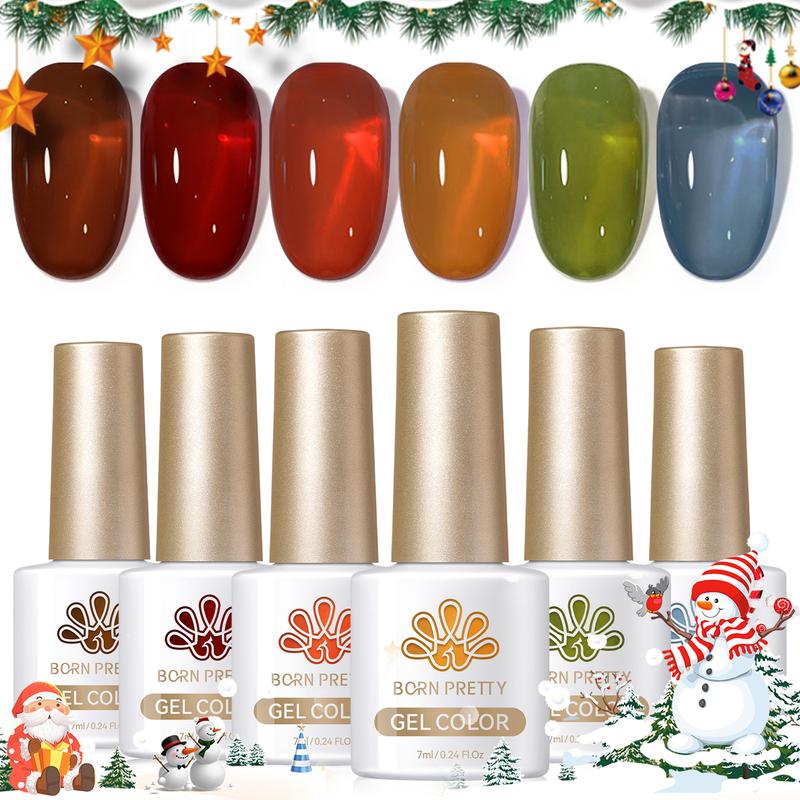 BORN PRETTY Christmas Jelly Gel Nail Polish Sheer Transparent Crystal Gel Nail Polish Brown Red Orange Green Blue Fall Winter Soak off Nail Polish Art Manicure DIY Home Salon Gift for Women 7ml Nail Care