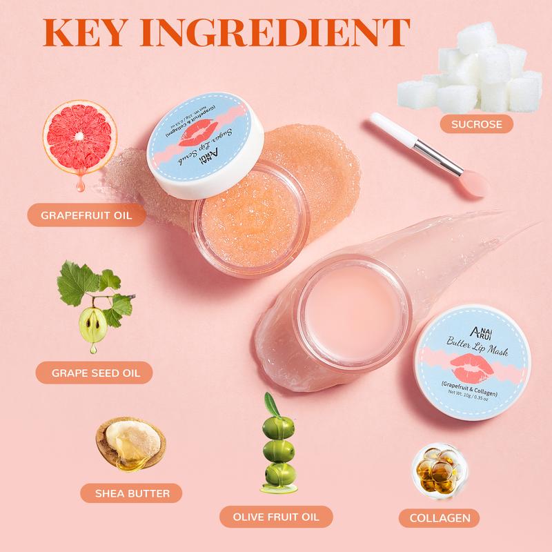 ANAiRUi Grapefruit+Collagen Lip Care Kit, Lip Sugar Scrub & Lip Sleeping Mask, Overnight Hydrating Mask for Dry lips, Lipcare Skincare Products